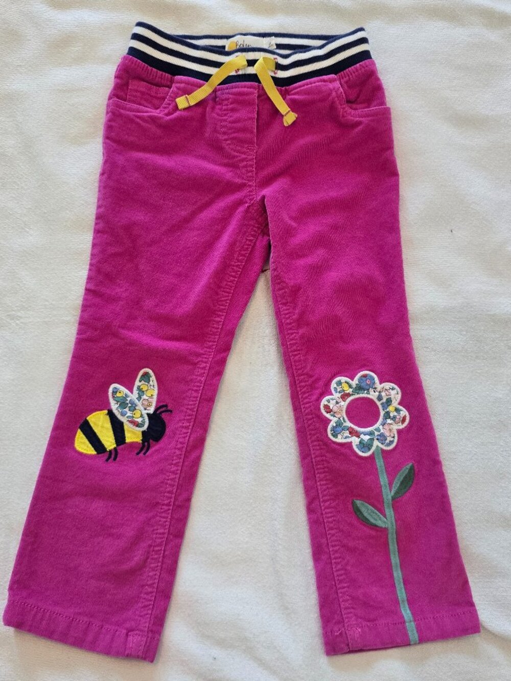 4Y Mini Boden hot pink corduroy pants with flower and bee appliques